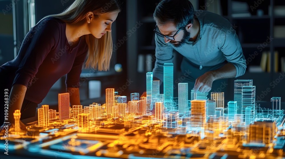 Poster a team discussing 3d glowing city models showcasing renewable energy infrastructure, with 2d glowing