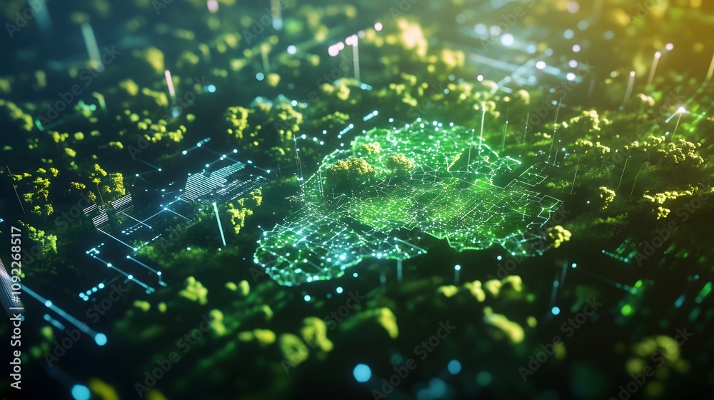 Poster A sustainability-driven brainstorming session featuring 3D glowing maps of forest conservation and 2D floating carbon offset charts. 4k resolution, Cinematic Scene