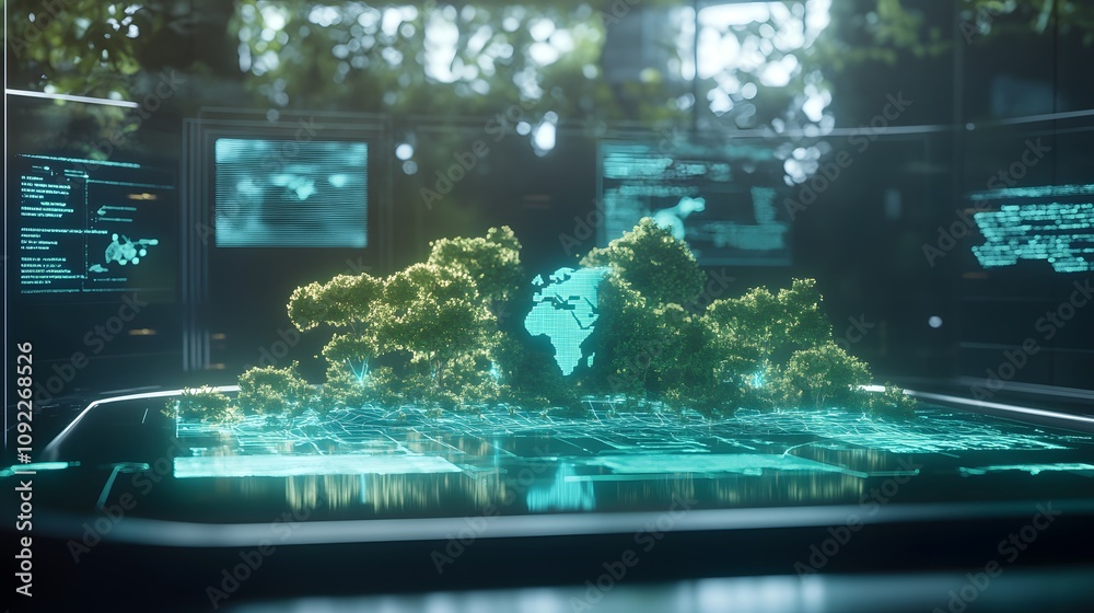 Poster A sustainability-driven brainstorming session featuring 3D glowing maps of forest conservation and 2D floating carbon offset charts. 4k resolution, Cinematic Scene