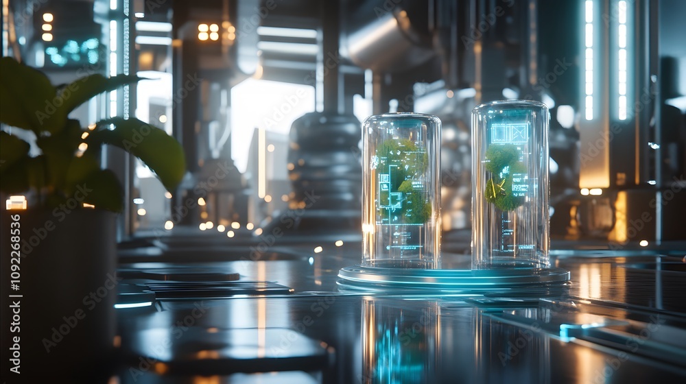 Poster A startup environment displaying 3D glowing visuals of eco-product launches and 2D indicators of customer engagement. 4k resolution, Cinematic Scene