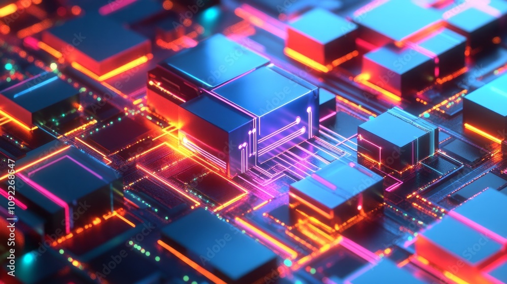 Poster a computer chip is shown in a neon color