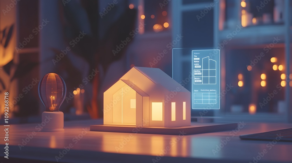 Aufkleber A clean minimalist workspace displaying 3D glowing models of energy-efficient homes with 2D metrics of reduced energy consumption. 4k resolution, Cinematic Scene