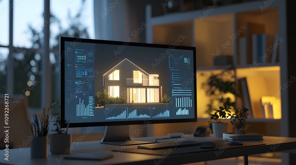 Poster A clean minimalist workspace displaying 3D glowing models of energy-efficient homes with 2D metrics of reduced energy consumption. 4k resolution, Cinematic Scene