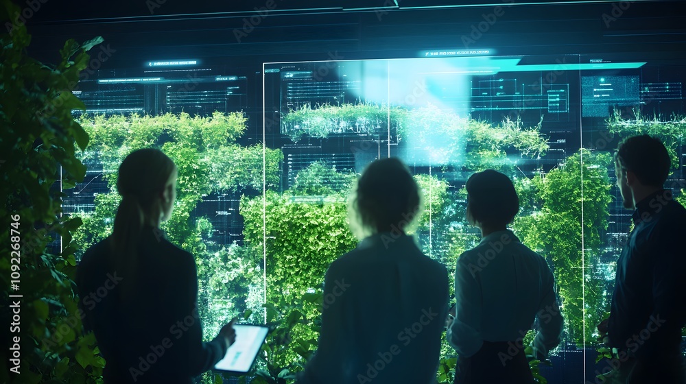 Poster A team discussing 3D glowing vertical farming solutions with 2D visual data representing crop yields and water efficiency. 4k resolution, Cinematic Scene