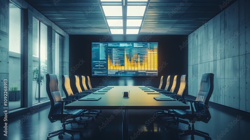 Aufkleber A tech-driven meeting room displaying 3D glowing data visuals and 2D animations guiding a creative brainstorming session. 4k resolution, Cinematic Scene