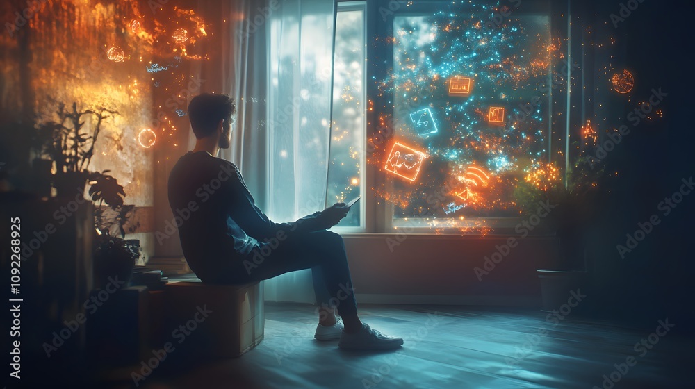 Poster a creative thinker sitting by a window, surrounded by 3d glowing symbols of inspiration and 2d glowi
