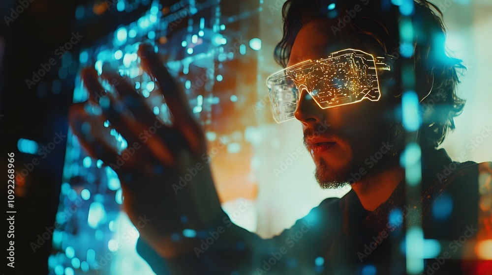 Poster A professional using augmented reality tools to manipulate 3D holographic ideas and 2D glowing annotations. 4k resolution, Cinematic Scene