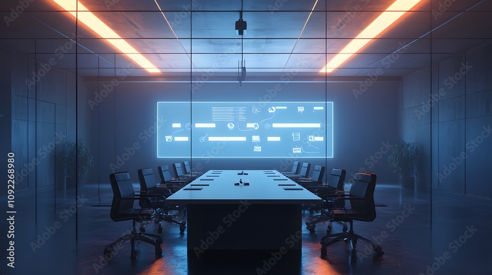 Poster A minimalist meeting room where participants discuss 3D glowing brainstorming tools and 2D task progress animations. 4k resolution, Cinematic Scene