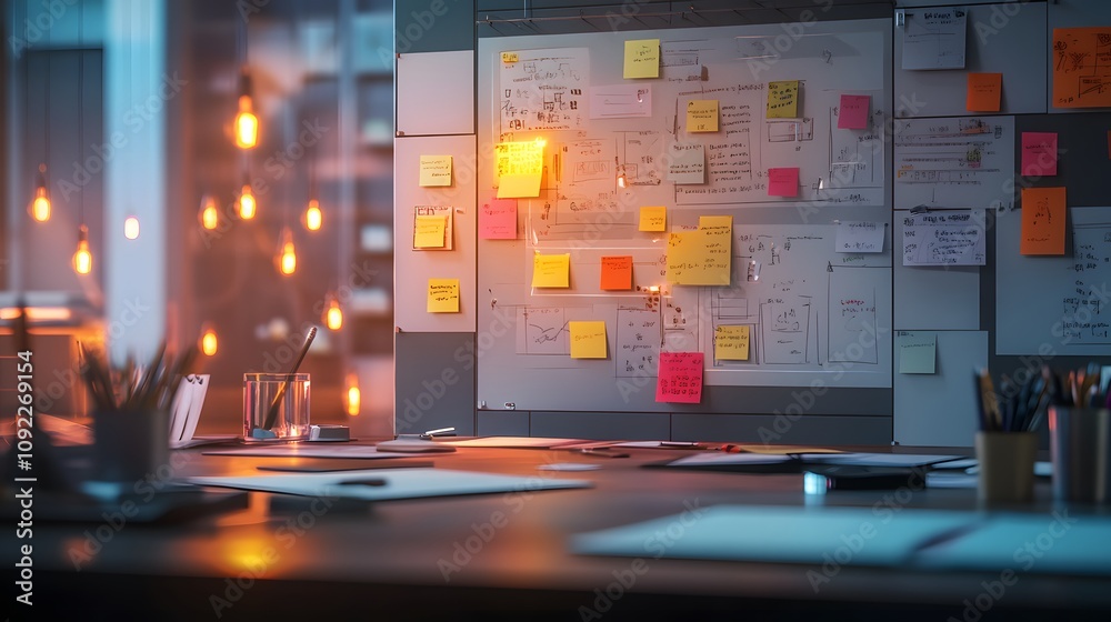 Aufkleber A brainstorming workshop featuring 3D glowing visual tools and 2D animated task reminders helping to organize ideas. 4k resolution, Cinematic Scene