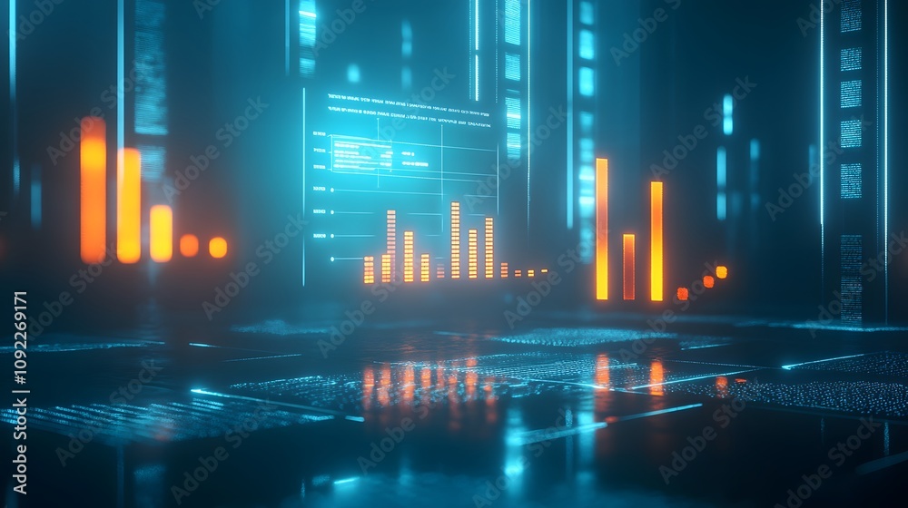 Poster A professional presenting a successful solution with 3D glowing results charts and 2D glowing team feedback. 4k resolution, Cinematic Scene