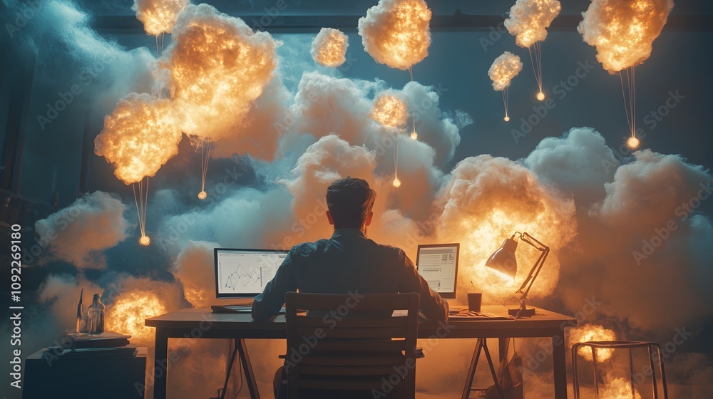 Poster A creative thinker sitting at a desk with 3D glowing idea clouds and 2D glowing pathways of execution floating nearby. 4k resolution, Cinematic Scene