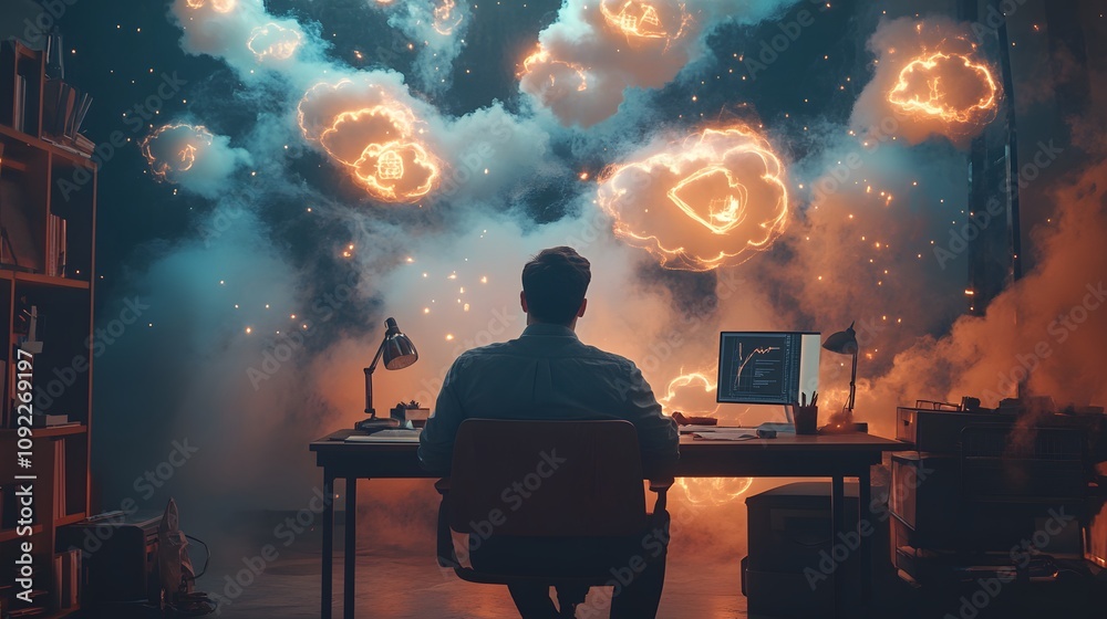 Aufkleber A creative thinker sitting at a desk with 3D glowing idea clouds and 2D glowing pathways of execution floating nearby. 4k resolution, Cinematic Scene