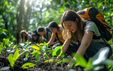 A diverse team of volunteers planting saplings in a lush forest