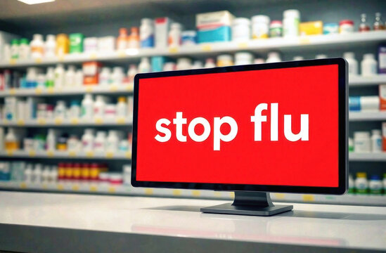 Digital display in a pharmacy urging customers to take precautions against the flu during the health season