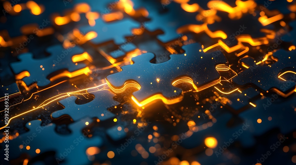Poster a workspace showing 3d glowing puzzle pieces coming together, with 2d glowing trails connecting the 