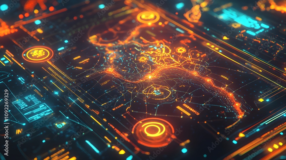 Poster A brainstorming session displaying 3D glowing systems mapping out solutions and 2D success indicators. 4k resolution, Cinematic Scene