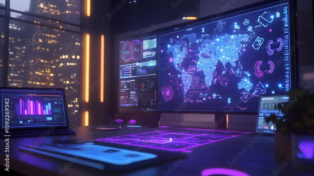 Poster A brainstorming session displaying 3D glowing systems mapping out solutions and 2D success indicators. 4k resolution, Cinematic Scene
