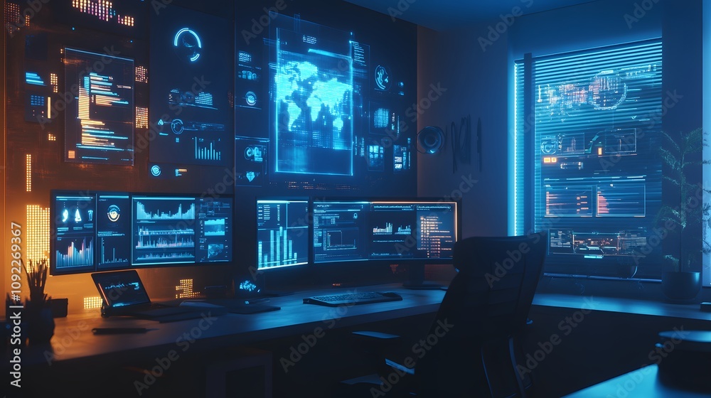 Aufkleber a minimalist workspace featuring 3d glowing projections of challenge resolutions and 2d highlights o