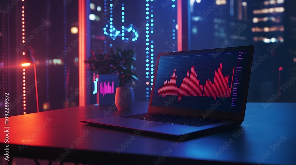 Poster A minimalist desk with a laptop projecting 3D glowing graphs of startup growth and 2D floating financial indicators. 4k resolution, Cinematic Scene