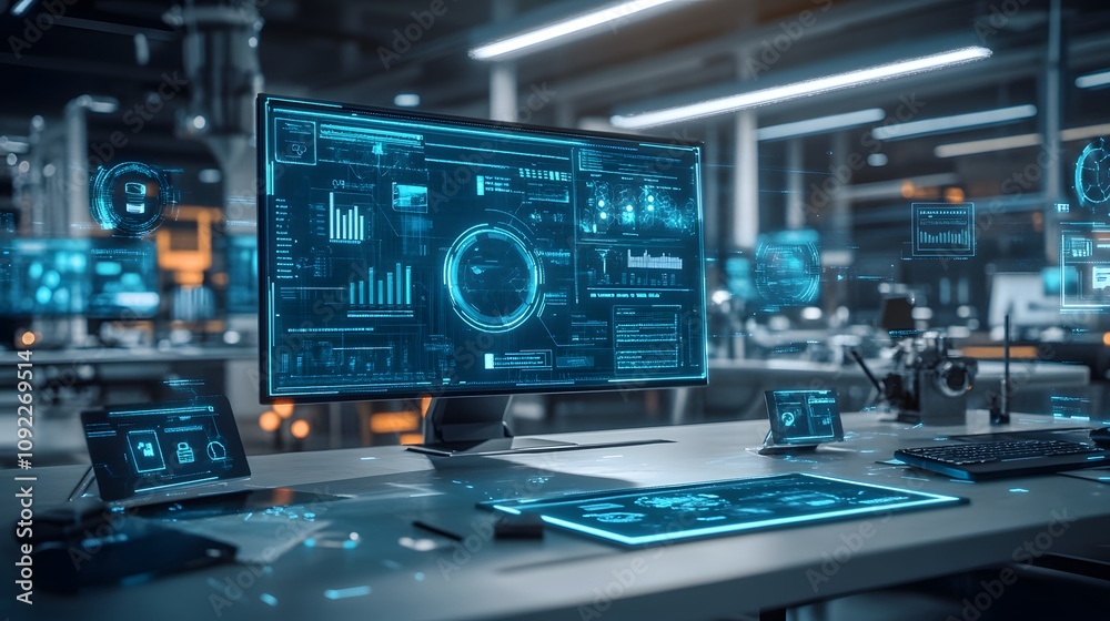 Poster A workspace with 3D holographic product concepts displayed and 2D glowing pathways mapping their development. 4k resolution, Cinematic Scene