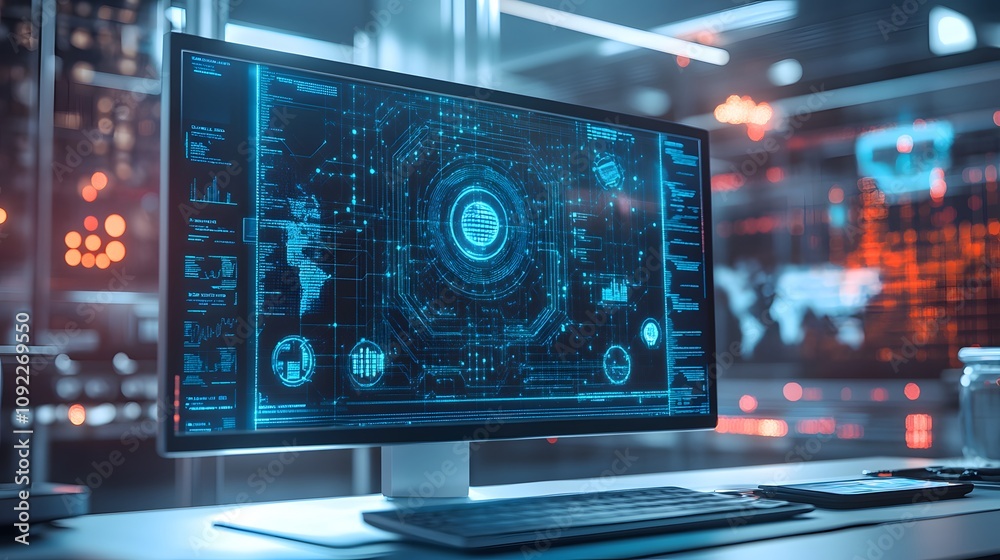 Poster A workspace with 3D holographic product concepts displayed and 2D glowing pathways mapping their development. 4k resolution, Cinematic Scene