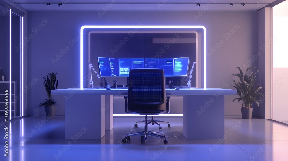 Poster a founder presenting a 3d holographic prototype in a clean workspace, with 2d glowing metrics showca