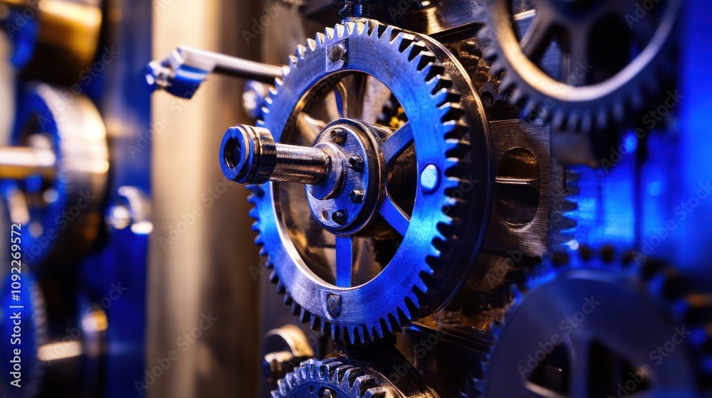 Poster intricate metal gears interlocking in complex machinery