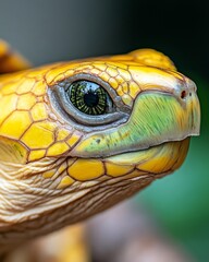 Fototapeta premium Unique close-up view of a vibrant yellow turtle showcasing intricate features and striking eye detail