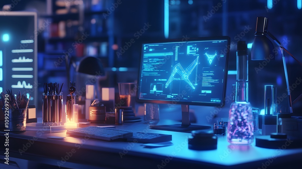Poster A collaborative workspace where 3D glowing product iterations are developed with 2D glowing team inputs. 4k resolution, Cinematic Scene