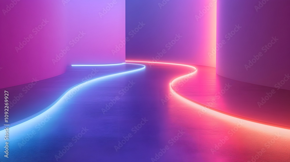 Poster a minimalist brainstorming corner filled with 3d glowing pathways of innovation and 2d glowing produ