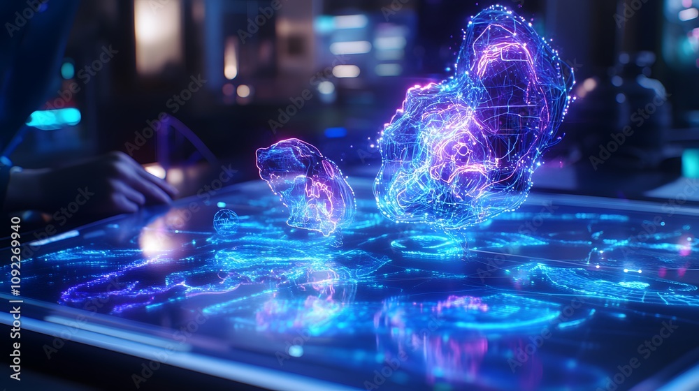 Poster A digital brainstorming session with a founder using 3D glowing maps of innovative solutions and 2D glowing metrics of success. 4k resolution, Cinematic Scene