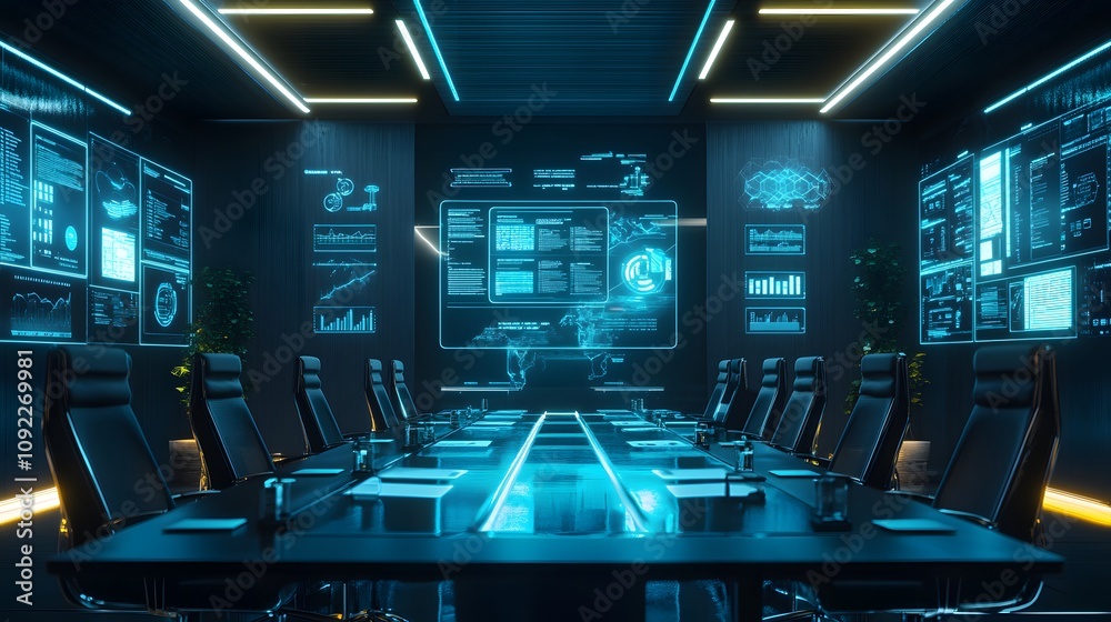 Poster a sleek boardroom featuring 3d glowing organizational flowcharts and 2d animated task priorities flo