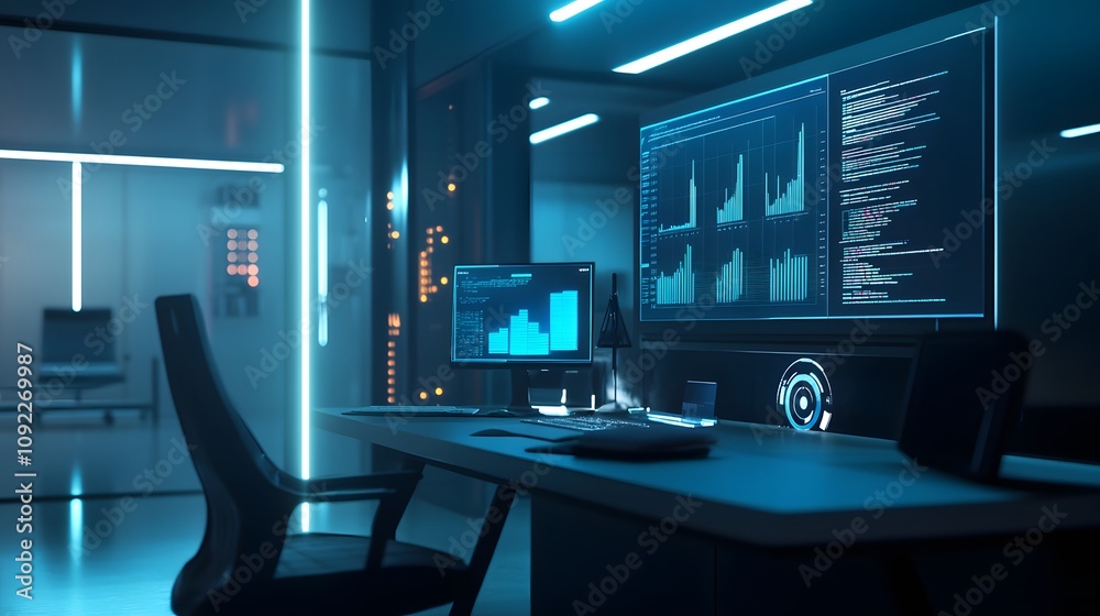 Aufkleber A minimalist workspace where 3D glowing diagrams of competitive analysis are displayed alongside 2D action points. 4k resolution, Cinematic Scene