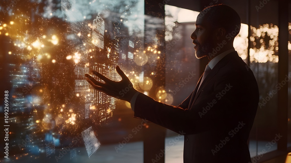 Poster a corporate leader presenting a 3d holographic growth projection model, with 2d visual annotations o