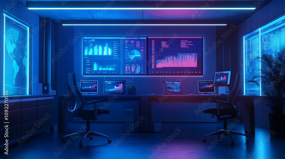 Poster a minimalist office setup with 3d glowing financial kpis and 2d animations of team contributions. 4k