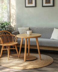 Cozy living room with wooden furniture and natural light in a modern home setting