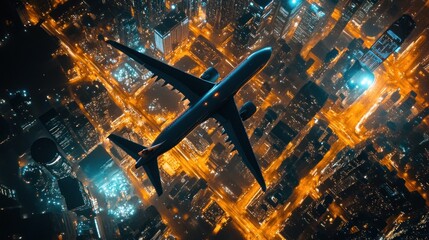 Airplane flying over illuminated city at night.