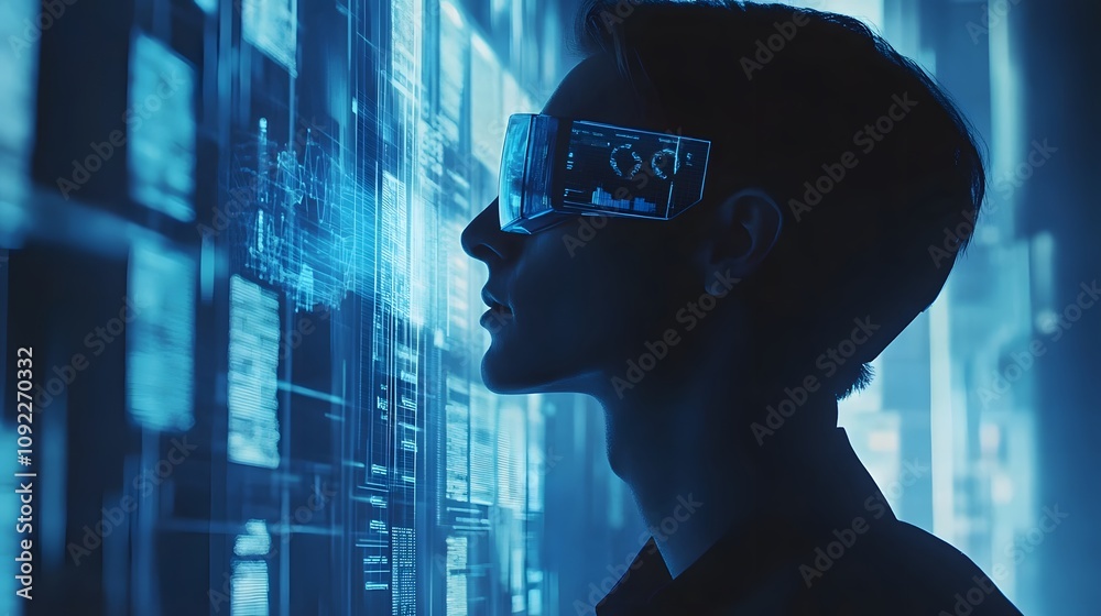 Aufkleber a professional using augmented reality glasses to analyze 3d glowing kpis, with 2d floating next ste
