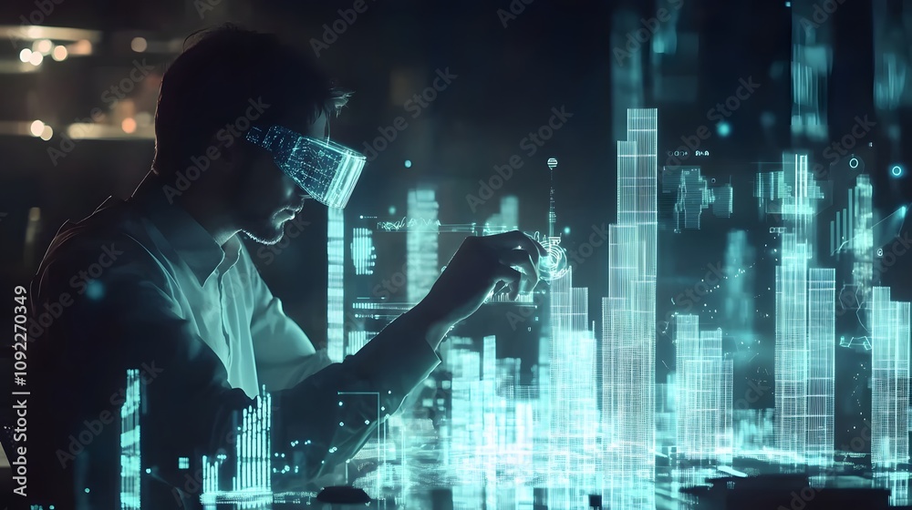 Aufkleber A professional using augmented reality glasses to analyze 3D glowing KPIs, with 2D floating next steps for implementation. 4k resolution, Cinematic Scene