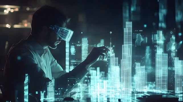 A professional using augmented reality glasses to analyze 3D glowing KPIs, with 2D floating next steps for implementation. 4k resolution, Cinematic Scene
