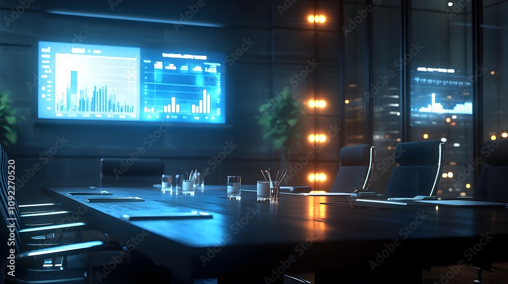 Poster a tech-driven boardroom where 3d glowing strategic insights are analyzed alongside 2d task managemen