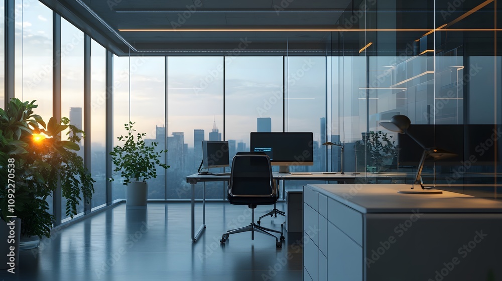 Poster A corporate workspace showcasing 3D glowing solution models and 2D glowing feedback animations. 4k resolution, Cinematic Scene