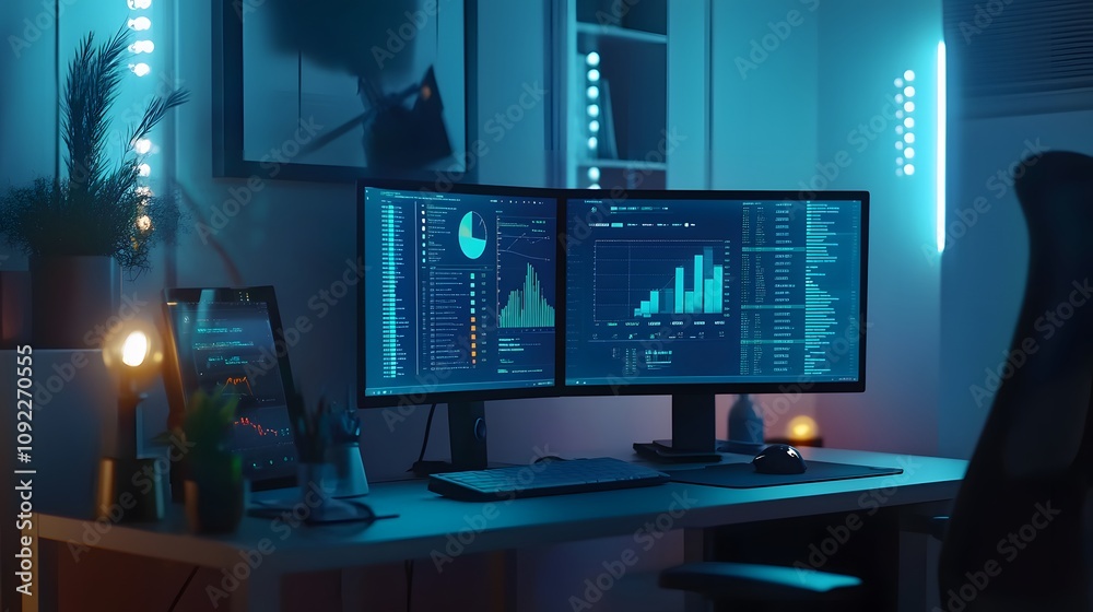 Poster A minimalist workspace where 3D glowing diagrams of competitive analysis are displayed alongside 2D action points. 4k resolution, Cinematic Scene
