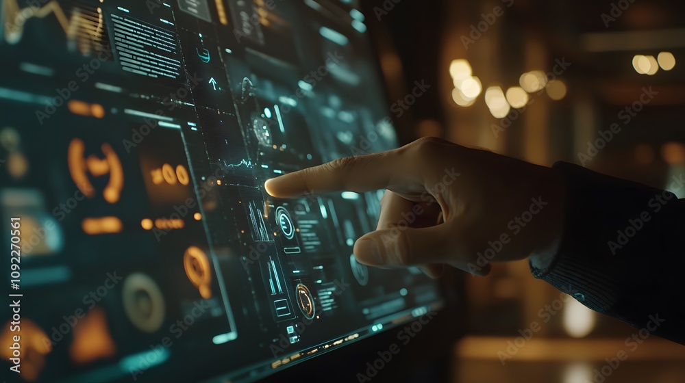 Poster a corporate strategist pointing at a 3d holographic timeline of goals with 2d indicators of progress