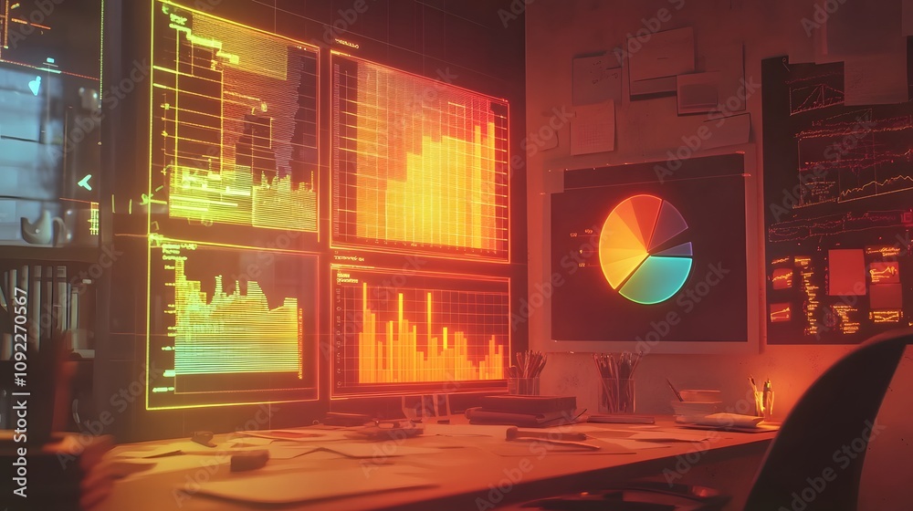 Poster A brainstorming session with 3D glowing pie charts of market shares and 2D annotations of growth strategies. 4k resolution, Cinematic Scene
