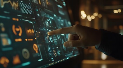 A corporate strategist pointing at a 3D holographic timeline of goals with 2D indicators of progress milestones. 4k resolution, Cinematic Scene
