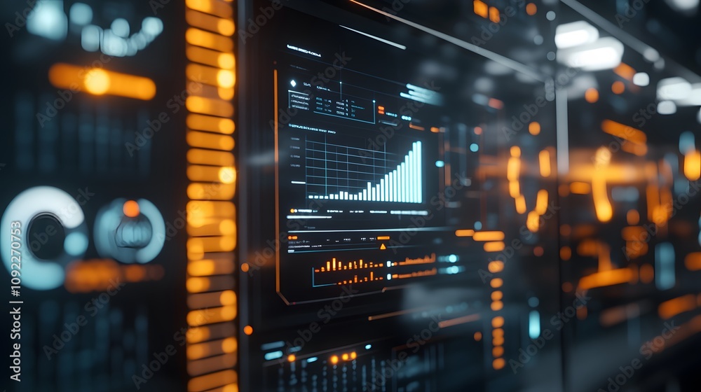 Aufkleber A futuristic design lab displaying 3D glowing product concepts and 2D visual analyses of market fit. 4k resolution, Cinematic Scene