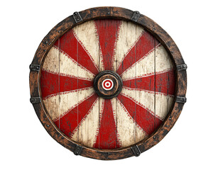 a round wooden shield with red and white stripes