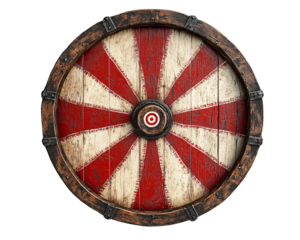 a round wooden shield with red and white stripes