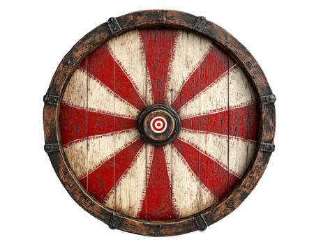 a round wooden shield with red and white stripes